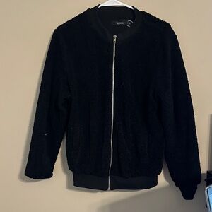 Chic Black Fuzzy Bomber Jacket